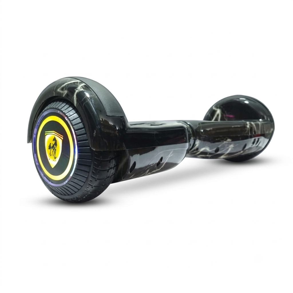 PulseBoard 6.5-inch black lightning bolt electric self balancing hoverboard for indoor use with LED wheels